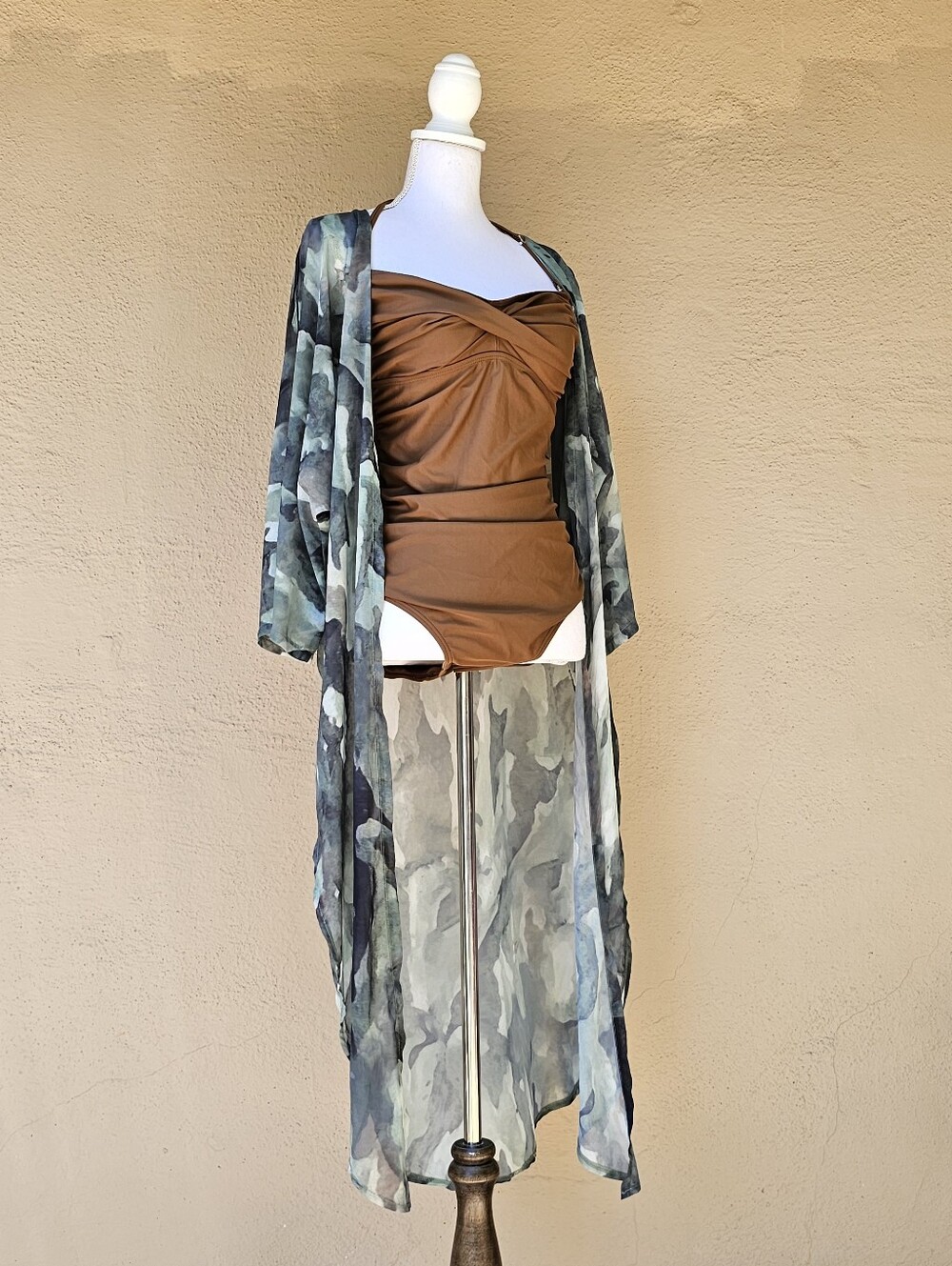 Green Watercolor Longline Sheer Kimono Cover Up Sz XL